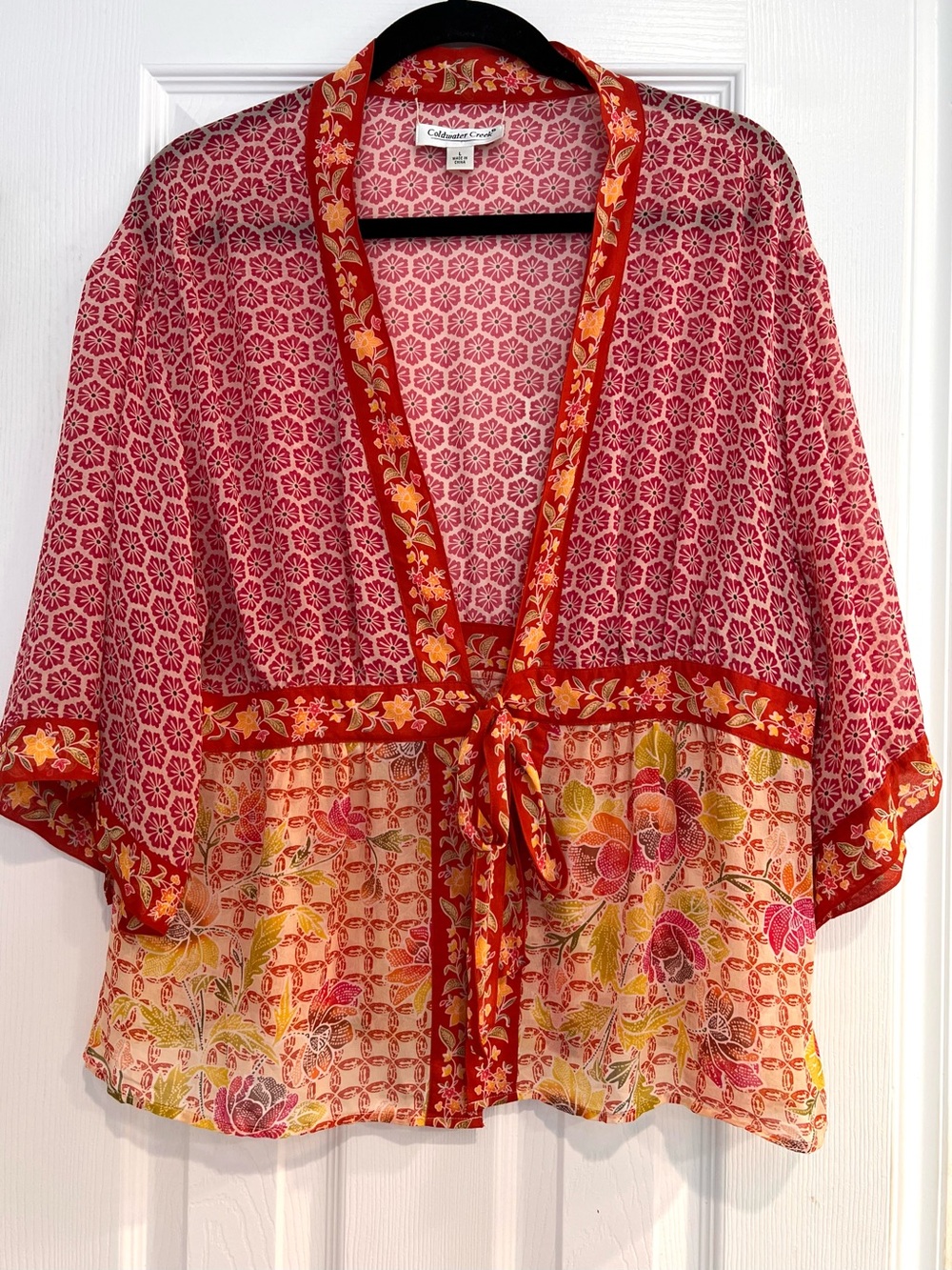 100% Silk Coldwater Creek Floral Tie-Front Kimono Top Mixed Print Sheer Blouse L